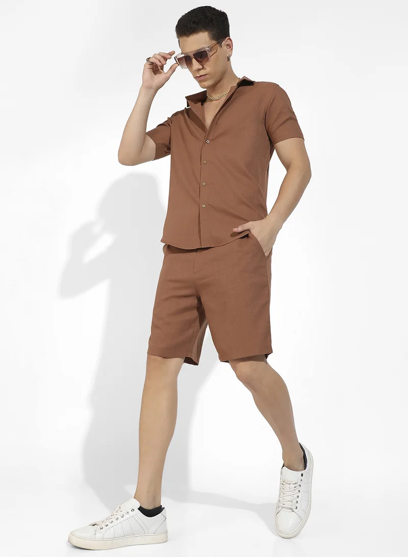 CAHOOT  Men's Brown Basic Textured Co-Ord Set For Casual Wear | Spread Collar | Short Sleeve | Button Closure | Cotton Co-Ords Crafted With Comfort Fit For Everyday Wear for Men | Best Price UAE